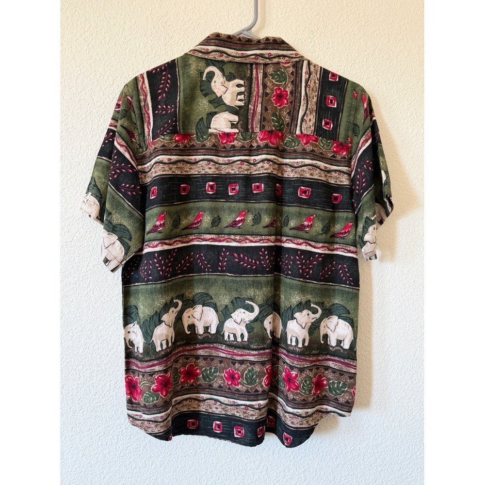 Erin London Womens Blouse Shirt Green Elephant Print Silk Linen Small - Picture 3 of 13